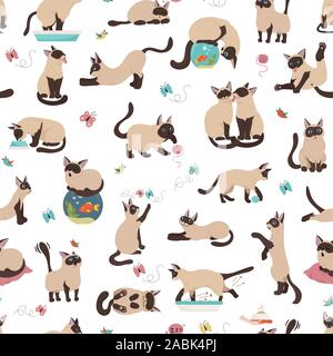 Cartoon cat characters seamless pattern. Different cat`s poses, yoga and emotions set. Flat simple style design. Vector illustration Stock Vector